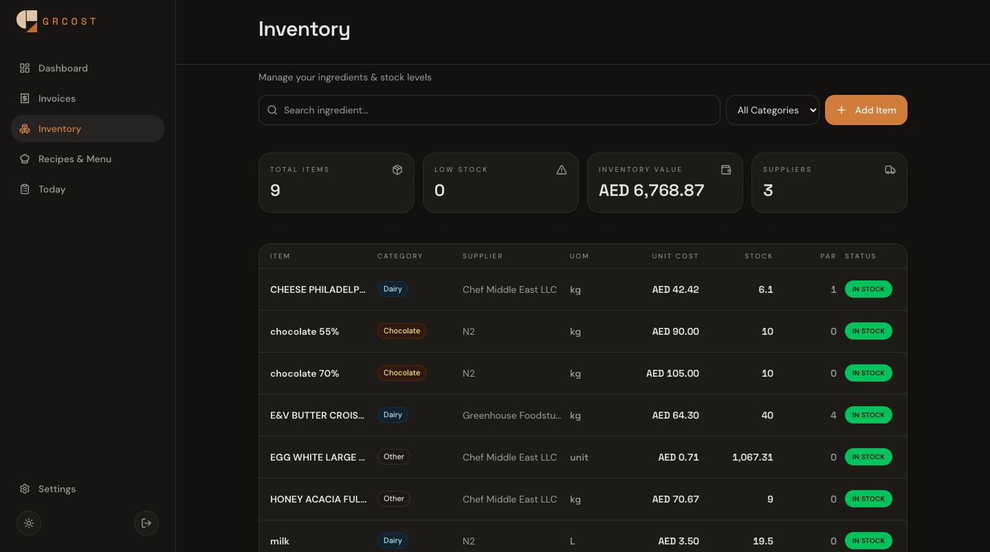 Gr.cost inventory page showing ingredients with unit cost, stock levels and status